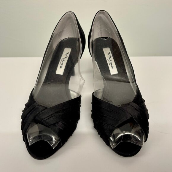 NIB elegant black satin open toe Nina heels womens size 8 - Picture 2 of 7